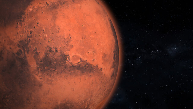 Spinning planet mars isolate on dark. Front view of Mars planet from space. Full 3d view of Mars 4k resolution.