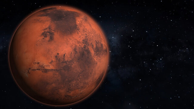 Spinning planet mars isolate on dark. Front view of Mars planet from space. Full 3d view of Mars 4k resolution.