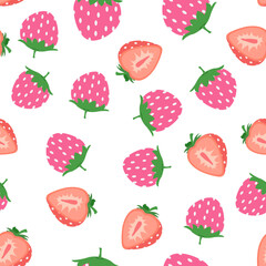 Fruit seamless pattern.Cute fresh strawberry with pink polka dot on white background.Design for print screen backdrop, Fabric and tile wallpaper.Cartoon fruits.