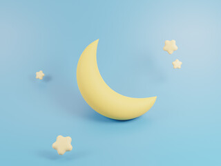Fototapeta na wymiar Yellow crescent moon and stars cartoon style on blue background 3d illustration
