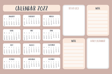 Calendar 2022 year. Planner, notes and to do list template. Printable calendar grid, monday first. Empty blank space for notes.