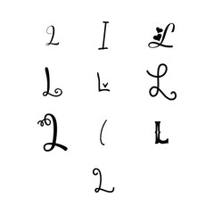 Alphabet Hand lettering drawing set of 10 cute Alphabets L. Decorative letter shape .Calligraphy Alphabet L Sample Styles For Artist And Printed design.	
