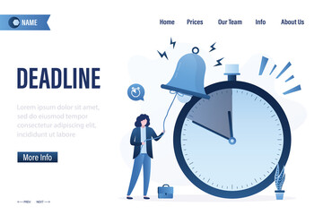 Deadline, landing page template. Businesswoman rings the bell or alarm. Countdown on big clock. Time pressure warning for employees. Business time management. Stopwatch, last call.