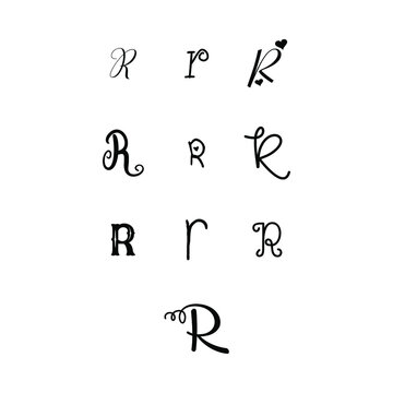 Alphabet Hand lettering drawing set of 10 cute Alphabets R. Decorative letter shape .Calligraphy Alphabet R Sample Styles For Artist And Printed design.