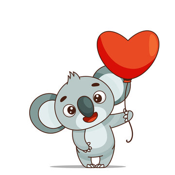 A cute koala stands and holds a red heart-shaped balloon in his hand. Postcard in children's cartoon style. Vector illustration for designs, prints and patterns.