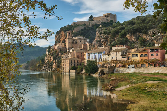 Miravet village and its Templar castle on top of the hill on the banks of the Ebro river, Tarragona, Spain