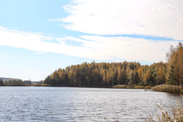 Lovely autumn view with small lake and yellow trees on a sunny day.