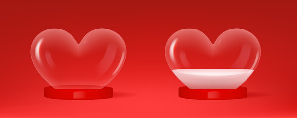 Heart shaped snow globes, isolated on red background. Happy Valentine's day. Valentine's day decoration design.