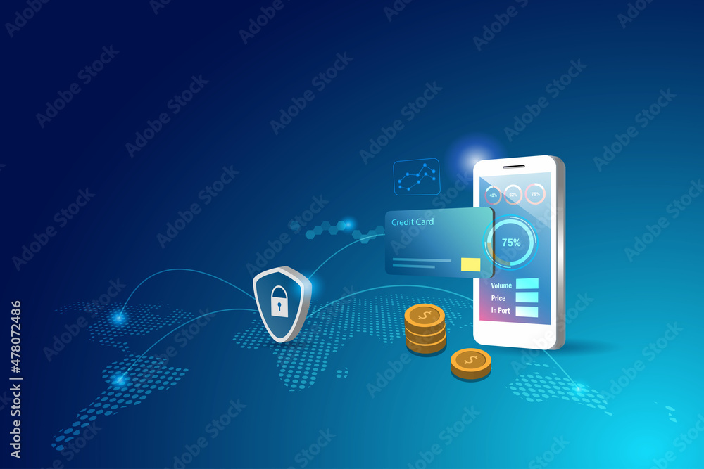 Poster global online investment and financial payment with security transaction on smart phone. secure fina