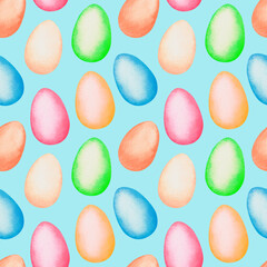 Easter eggs seamless pattern. Watercolor vintage illustration. Isolated on a blue background.