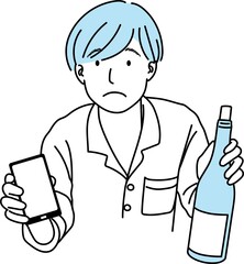 ワインボトルとスマートフォンを持つ困った顔の若い男性