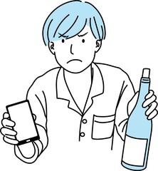 ワインボトルとスマートフォンを持つ怒った顔の若い男性