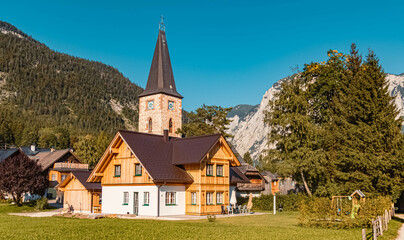 Fototapeta na wymiar Beautiful church on a sunny summer day at Altaussee, Steiermark, Austria