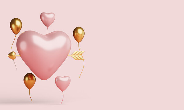 Happy Valentine's Day Banner with Floating Big Heart and Balloons 3d Rendering. Gold Version