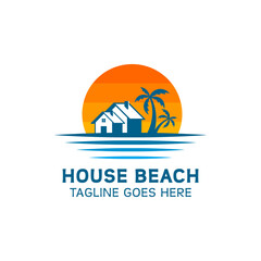 logo for beachfront inns. logo in the form of a house with a coconut or palm tree beside it and the sun behind it.