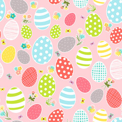 A seamless pattern with Easter eggs. Vector colored background in a flat style. For fabric design, wrapping paper, print, postcards and background.