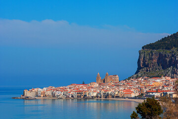 View of Cefalu city Italy on mediterranean sea cost