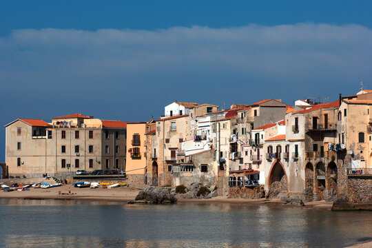 Buildings on mediterranean sea cost in Cefalu city Italy