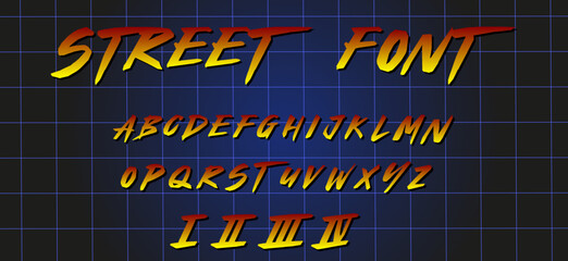 Arcade gaming retrowave font.Gradient letters and numbers on space, grid background. Sci-fi alphabet in retro 80's style. Synth Wave ABC. © Marek