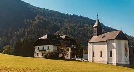 Fototapeta na wymiar Beautiful church on a sunny summer day near Abtenau, Salzburg, Austria