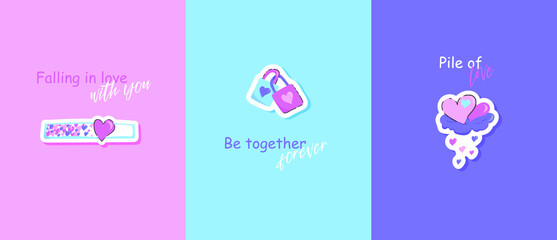 Fototapeta premium Set of greeting cards for Valentines day with phrases and elements vector illustration. Collection of postcards with cute simple love's illustrations.