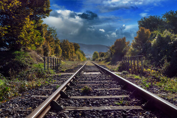 Fototapeta na wymiar Close-up perspective view of railroad tracks