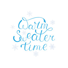 Fototapeta na wymiar Warm sweater time handwritten blue script thin text typography lettering and calligraphy phrase isolated on white background. Vector illustration. Design for logo, concept, postcard.