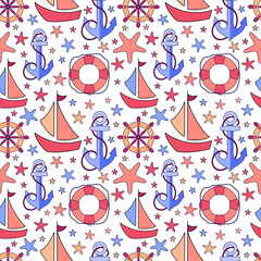 Seamless marine pattern with sailing ships, anchors, starfish, steering wheels. For wallpaper, fabric, packaging, banners. Vector illustration.	