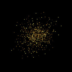 Gold round, circles confetti isolated on black background. Vector illustration. Falling golden dust for party decoration, birthday celebrate, banner, anniversary or Christmas, New Year.Festival decor.