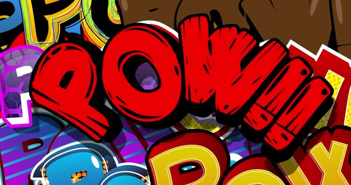 Pow. Motion poster. 4k animated Comic book word text moving on abstract comics background. Retro pop art style.