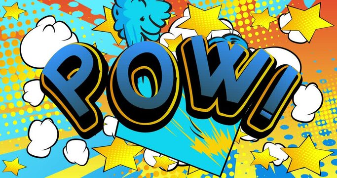 Pow. Motion poster. 4k animated Comic book word text moving on abstract comics background. Retro pop art style.
