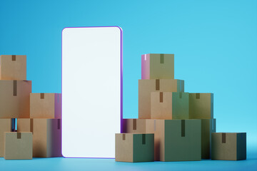 A large smartphone with a blank screen stands next to cardboard boxes. Moving assistance, online shopping delivery, moving app, mock-up for your design. 3D rendering, 3D illustration.