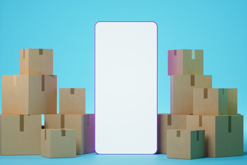 A large smartphone with a blank screen stands next to cardboard boxes. Moving assistance, online shopping delivery, moving app, mock-up for your design. 3D rendering, 3D illustration.