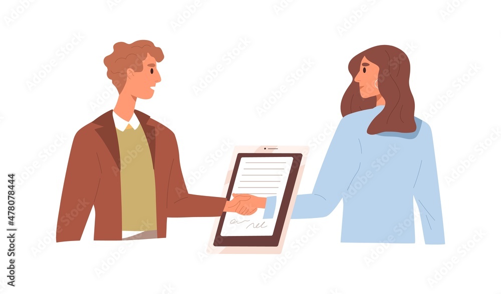 Poster partners sign e-contact online. people handshake and digital document with electronic signatures. co