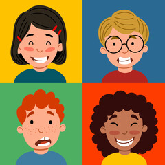 Seamless pattern with children s emotions. A set of portraits in squares. Backgrounds are used for magazines, books, posters, postcards, web pages.