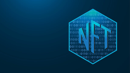 non-fungible token hologram, NFT vector 3d illustration dark blue background. Blockchain technology, Concept of cryptocurrency design and technology light glow wallpaper.