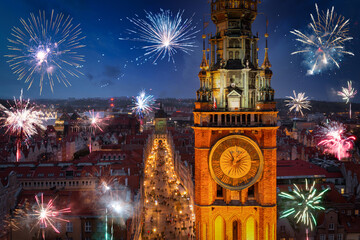 New Years fireworks display over the old town in Gdansk, Poland