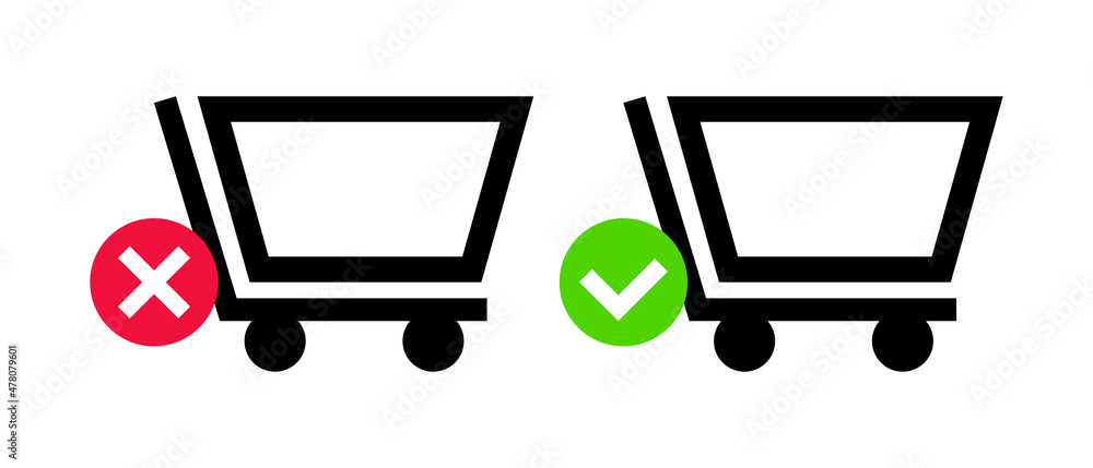Poster set of shopping basket icons with cross and check marks. vectors.