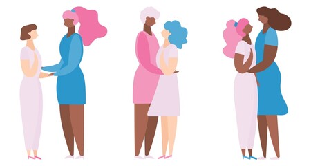 Lesbian female couple hugging, gay couple. Homosexuality. LGBTQ people. Love relationship, romantic date.