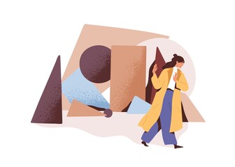 Person ignoring and getting away from troubles. Woman avoid and deny responsibility for life problems, escaping difficulties. Ignorance concept. Flat vector illustration isolated on white background