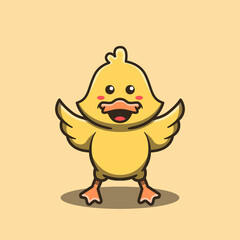Cute duck mascot with happy expression. Flat cartoon style.