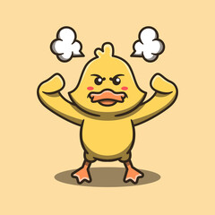 Cute duck mascot with angry expression. Flat cartoon style.