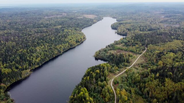 Beautiful nature of Karelia republic. Aerial view from drone to the lake. Aqua colour of water. Russian geographic. Amazing panoramic view to the forest. Sight and karelian showplace. 