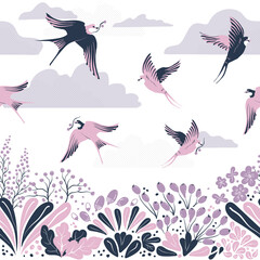 Fototapeta na wymiar Vector seamless pattern with hand-draw birds. Border pattern with swallows, berries and flowers.