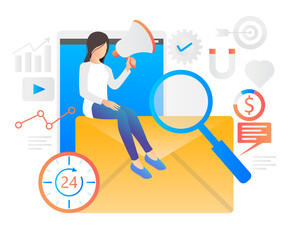 Flat style illustration of working woman doing email marketing and funnel