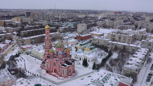 Aerial view of the Cathedral of the Ascension of the Lord in the city of Tambov. Russia
