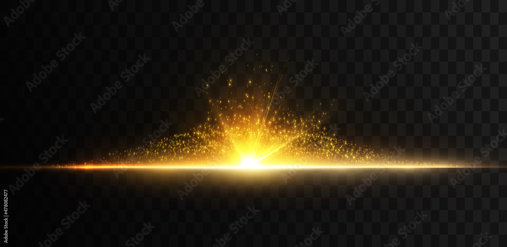 Aufkleber bright yellow light effect with rays and many small particles for vector illustration.