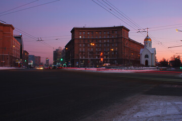 chapel on red avenue in novosibirsk at night