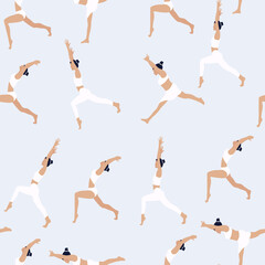 Pattern with yoga lovers. Yoga asanas. Flexible girl in white. Vector illustration.