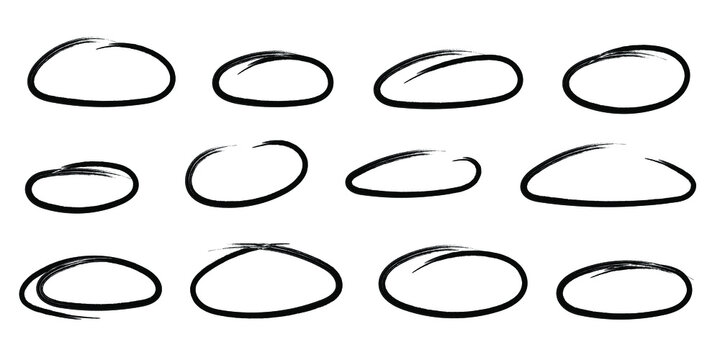 Hand drawn oval set. Doodle Marker highlight circles . Highlighting text and important objects. Round scribble frames. Stock vector illustration on white background.
